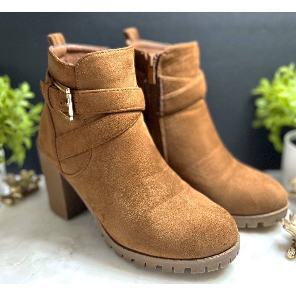 TOP MODA Women's Suede Chunky Heel Ankle Boots Chestnut Brown Sz 8 Platform +🎁